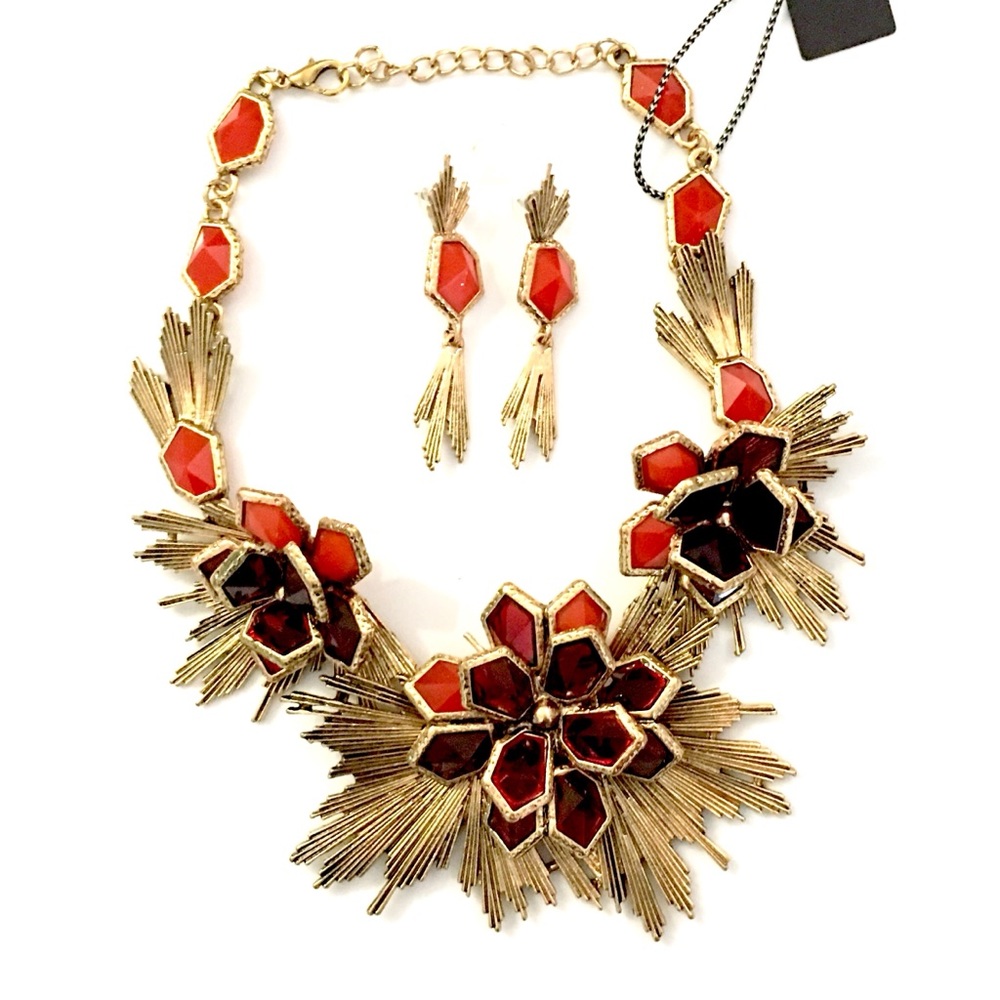 Statement Dimensional Red Rust Floral Necklace Ear - image 3